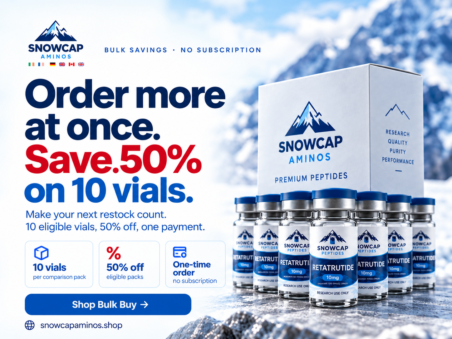 Order more at once. Save 50% on 10 vials — one-time order, no subscription.